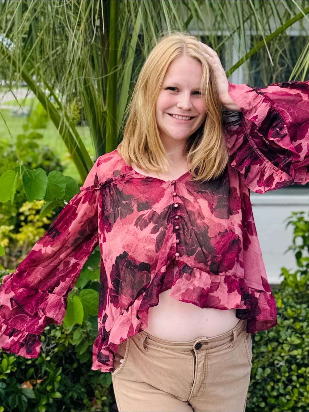Free People Pink Burgundy Floral Ruffled Peasant Blouse